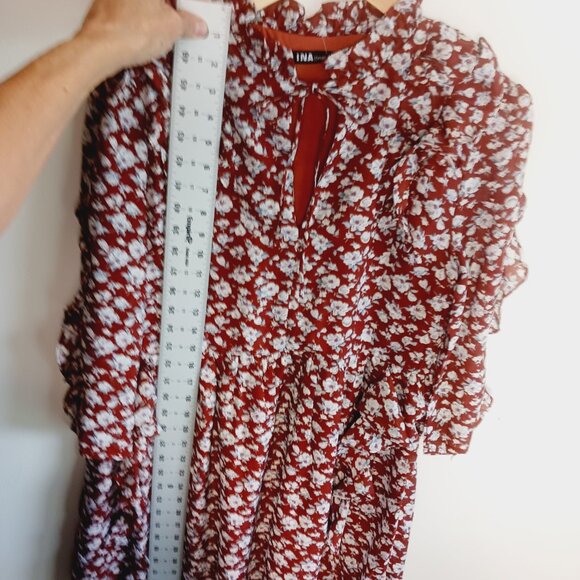 INA, NWT, Mini Dress, MED, Rust Floral Print Ruffle Accents 3/4 Sleeve Feminine - Picture 15 of 16
